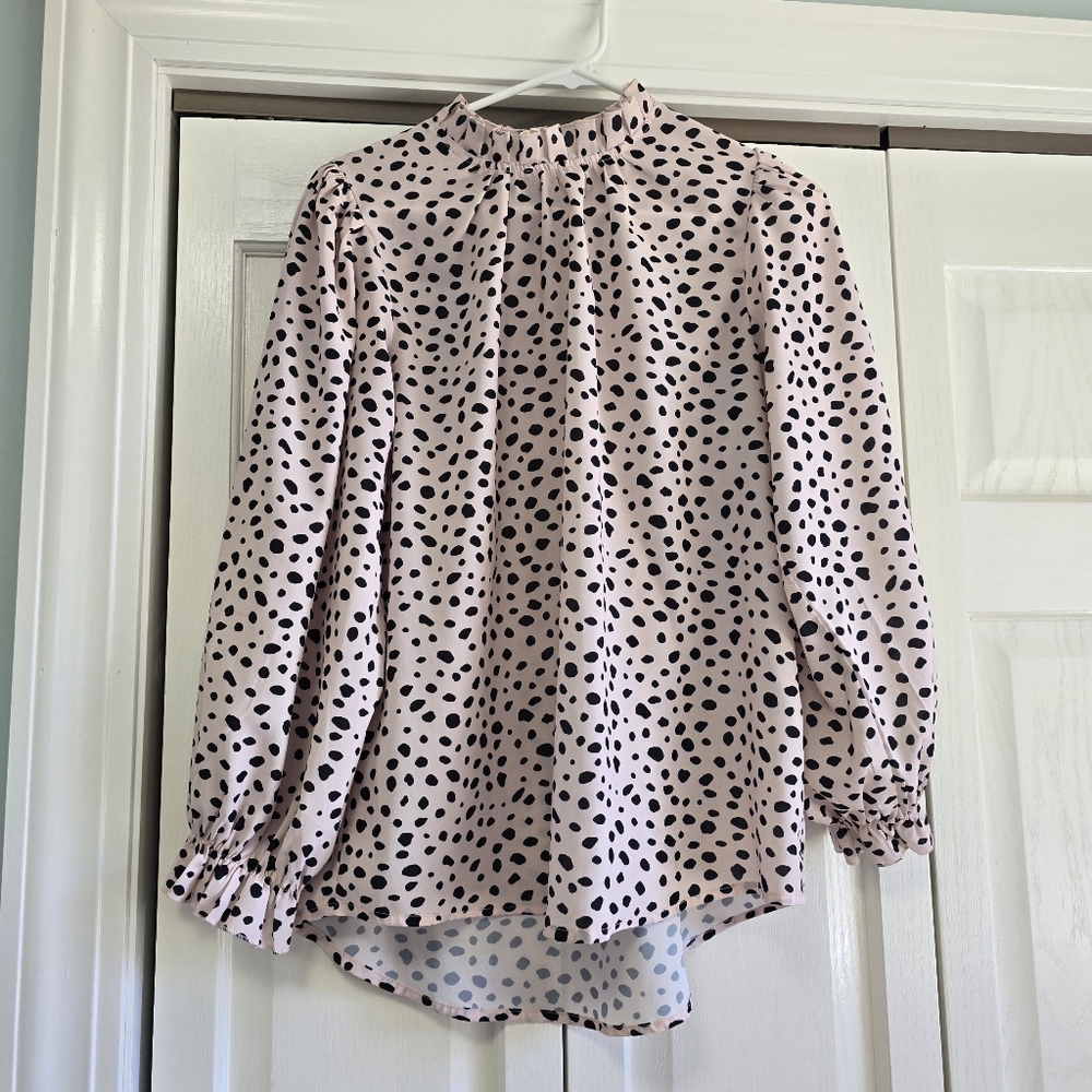 Baccarri Ruffled Pink and Black Blouse with Mandarin Collar